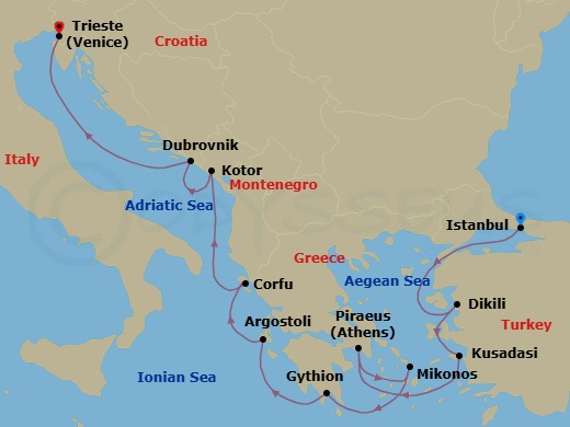 12 Night - Historic Lands - Seven Seas Grandeur - Starting in Istanbul, Dikili, Kusadasi, Athens (Piraeus), Mykonos, Cruising the Mediterranean Sea, Gythion, Argostoli (Cephalonia), Corfu, Kotor, Dubrovnik, Croatia, Cruising the Adriatic Sea, Venice (Trieste) itinerary map