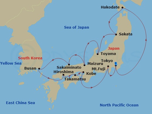 15 Night - Japan Intensive Cruise : Toyama, Sakaiminato & Kobe - Azamara Pursuit - Starting in Tokyo, Hakodate, Sakata, Toyama, Maizuru, Sakaiminato, Busan, Hiroshima, Cruising the Inland Sea, Takamatsu, Kobe, Mount Fuji (Shimizu), Tokyo itinerary map