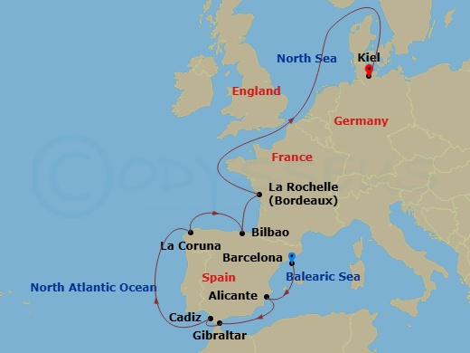 10 Night - Northern Europe - MSC Euribia - Starting in Barcelona, Spain, Alicante, Spain, Gibraltar, Cadiz (Seville), Spain, La Coruna (Santiago De Compostela), Spain, Bilbao, Spain, La Rochelle, France, Kiel, Germany itinerary map
