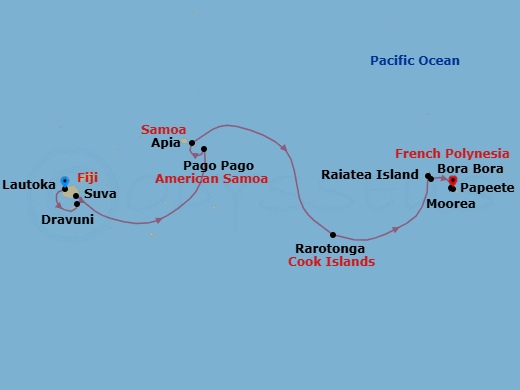 12 Night - South Pacific - Norwegian Spirit - Starting in Lautoka, Fiji, Dravuni, Fiji, Suva, Fiji, Pago Pago, American Samoa, Apia, Samoa, Cross International Dateline, at Sea, Rarotonga, Cook Islands, Bora Bora, French Polynesia, Raiatea, French Polynesia, Moorea, French Polynesia, Papeete, French Polynesia itinerary map