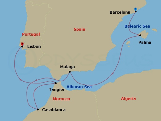 7 Night - Spain & Morocco Cruise - Mariner of the Seas - Starting in Barcelona, Spain, Palma De Mallorca, Spain, Malaga, Spain, Casablanca, Morocco, Tangier, Morocco, Lisbon, Portugal itinerary map