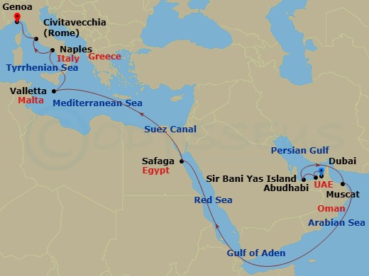 19 Night - MSC Grand Voyages - MSC World Europa - Starting in Dubai, United Arab Emirates, Abu Dhabi, United Arab Emirates, Sir Baniyas Island, UAE, Muscat, Oman, Safaga, Egypt, Suez Canal (Transit), Egypt, La Valletta, Malta, Naples (Pompeii), Italy, Civitavecchia (Rome), Italy, Genoa (Portofino), Italy itinerary map