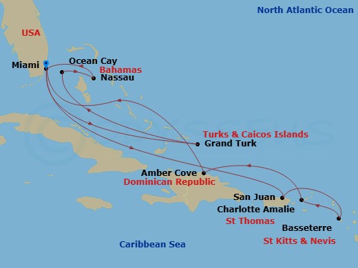 14 Night - Caribbean and Antilles - MSC Meraviglia - Starting in Miami, Florida, Grand Turk Island, Turks and Caicos, Ocean Cay Msc Marine Reserve, Bahamas, Nassau, Bahamas, Miami, Florida, San Juan, Puerto Rico, Basseterre, Sao Cristovao, Nevis, Charlotte Amalie (St Thomas) Virgin Islands, Amber Cove, Dominican Republic, Miami, Florida itinerary map