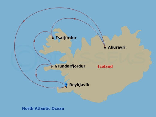 5 Night - Reykjavik / Reykjavik - Evrima - Starting in Reykjavik, Grundarfjordur, Isafjordur, Akureyri, Reykjavik itinerary map