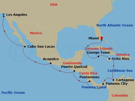 19 Night - Pre Los Angeles Cruisetour - Norwegian Joy Tours - Starting in At Hotel, Los Angeles, Ca, Cabo San Lucas, Mexico, Acapulco, Mexico, Puerto Quetzal, Guatemala, Puerto Caldera / Puntarenas, Costa Rica, Panama City, Panama, Transit Panama Canal / At Sea, Cartagena CO, Ocho Rios, Jamaica, George Town, Cayman Islands, Miami, Fl itinerary map