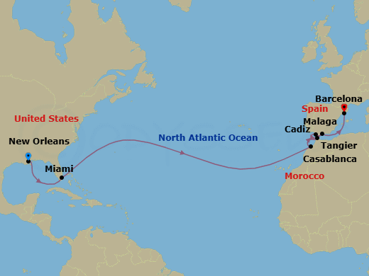 17 Night - Spain & Morocco Transatlantic - Mariner of the Seas - Starting in New Orleans, Louisiana, Miami, Florida, Casablanca, Morocco, Tangier, Morocco, Seville (Cadiz), Spain, Malaga, Spain, Barcelona, Spain itinerary map