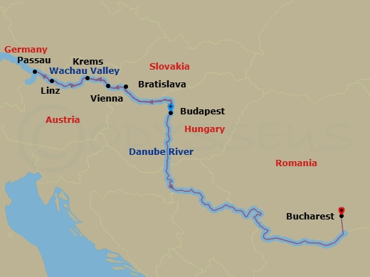 10 Night - Passage to Eastern Europe - Viking Atla Tours - Starting in Budapest, Bratislava, Vienna, Krems, Scenic Sailing : Wachau Valley, Linz, Passau, Bucharest itinerary map