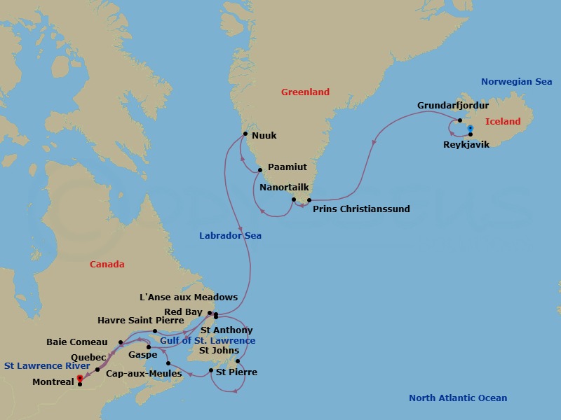 27 Night - Iceland, Greenland & Canada Fall Foliage Exploration - Seabourn Quest - Starting in Reykjavik, Iceland, Grundarfjordur, Iceland, Cruising Prins Christian Sund, Nanortalik, Greenland, Paamiut (Frederikshab), Greenland, Nuuk (Godthab), Greenland, L Anse aux Meadows, Newfoundland, Canada, Gaspe, Quebec, Canada, Baie-Comeau, Quebec, Canada, Quebec City, Quebec, Canada, Montreal, Quebec, Canada, Saint Lawrence River Cruising, Havre-Saint-Pierre, Quebec, Canada, Red Bay, Labrador, Canada, St Anthony, Newfoundland, Canada, St Johns NF, Newfoundland, Saint Pierre and Miquelon, Cap-aux-Meules, Iles de la Madeleine, Quebec, Canada, Gaspe, Quebec, Canada, Quebec City, Quebec, Canada, Montreal, Quebec, Canada itinerary map