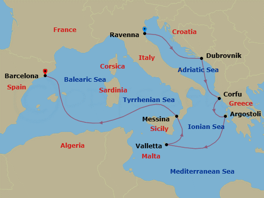 7 Night - Greece, Italy, Croatia & Malta - Mariner of the Seas - Starting in Ravenna, Italy, Dubrovnik, Croatia, Corfu, Greece, Argostoli, Greece, Valletta, Malta, Sicily (Messina), Italy, Barcelona, Spain itinerary map