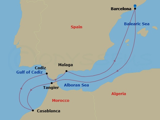 7 Night - Spain & Morocco Cruise - Mariner of the Seas - Starting in Barcelona, Spain, Tangier, Morocco, Casablanca, Morocco, Seville (Cadiz), Spain, Malaga, Spain, Barcelona, Spain itinerary map
