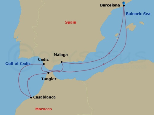 7 Night - Spain & Morocco Cruise - Mariner of the Seas - Starting in Barcelona, Spain, Seville (Cadiz), Spain, Casablanca, Morocco, Tangier, Morocco, Malaga, Spain, Barcelona, Spain itinerary map