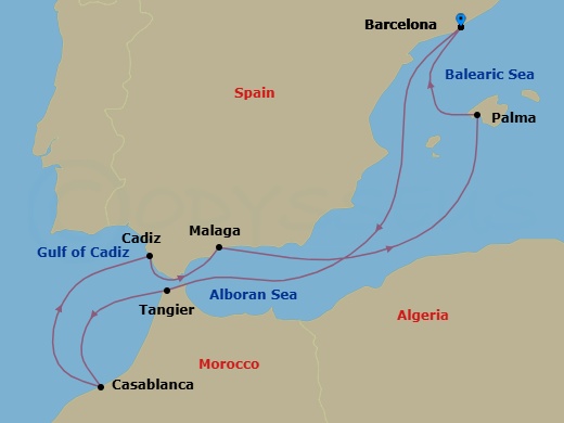8 Night - Spain & Morocco Cruise - Mariner of the Seas - Starting in Barcelona, Spain, Tangier, Morocco, Casablanca, Morocco, Seville (Cadiz), Spain, Malaga, Spain, Palma De Mallorca, Spain, Barcelona, Spain itinerary map