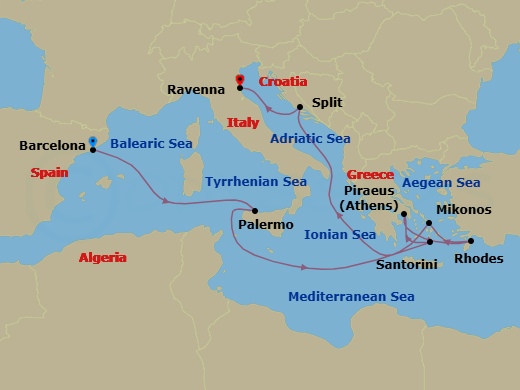 10 Night - Greece, Italy & Croatia - Mariner of the Seas - Starting in Barcelona, Spain, Sicily (Palermo), Italy, Santorini, Greece, Athens (Piraeus), Greece, Rhodes, Greece, Mykonos, Greece, Split, Croatia, Ravenna, Italy itinerary map