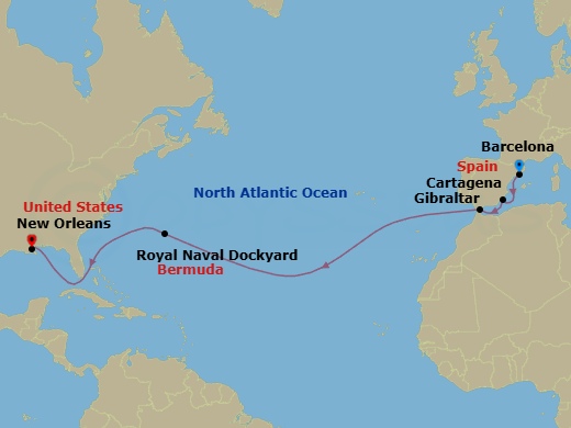 14 Night - Spain & Bermuda Transatlantic - Mariner of the Seas - Starting in Barcelona, Spain, Cartagena ES, Gibraltar, United Kingdom, Royal Naval Dockyard, Bermuda, New Orleans, Louisiana itinerary map
