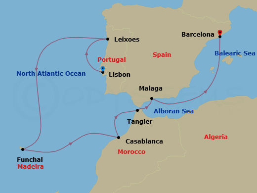 9 Night - Spain, Portugal & Morocco - Mariner of the Seas - Starting in Lisbon, Portugal, Porto (Leixoes), Portugal, Madeira (Funchal), Portugal, Casablanca, Morocco, Tangier, Morocco, Malaga, Spain, Barcelona, Spain itinerary map