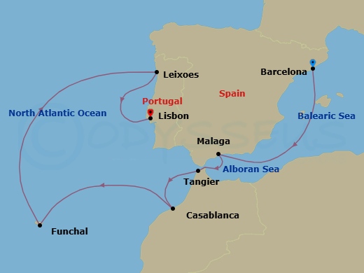 9 Night - Spain, Portugal & Morocco - Mariner of the Seas - Starting in Barcelona, Spain, Malaga, Spain, Tangier, Morocco, Casablanca, Morocco, Madeira (Funchal), Portugal, Porto (Leixoes), Portugal, Lisbon, Portugal itinerary map