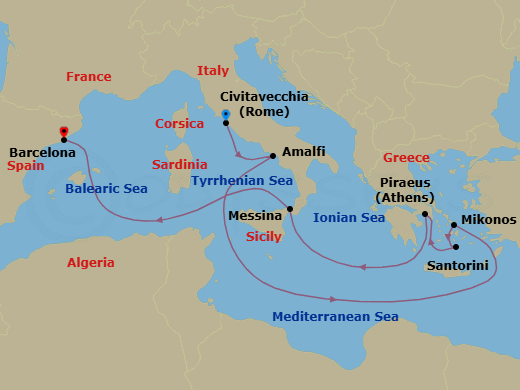 9 Night - Greece & Italy Cruise - Mariner of the Seas - Starting in Rome (Civitavecchia), Italy, Amalfi Coast (Salerno), Italy, Mykonos, Greece, Santorini, Greece, Athens (Piraeus), Greece, Sicily (Messina), Italy, Barcelona, Spain itinerary map