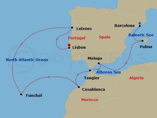 10 Night - Spain, Portugal & Morocco - Mariner of the Seas - Starting in Barcelona, Spain, Palma De Mallorca, Spain, Malaga, Spain, Tangier, Morocco, Casablanca, Morocco, Madeira (Funchal), Portugal, Porto (Leixoes), Portugal, Lisbon, Portugal itinerary map