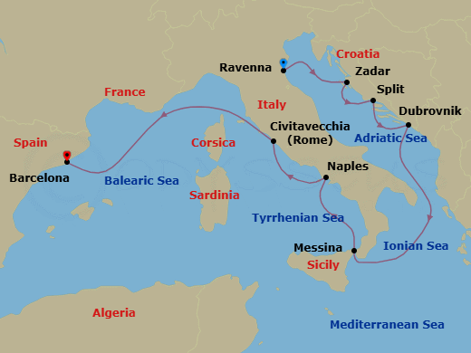 9 Night - Best of Italy & Croatia Cruise - Mariner of the Seas - Starting in Ravenna, Italy, Zadar, Croatia, Split, Croatia, Dubrovnik, Croatia, Sicily (Messina), Italy, Naples, Italy, Rome (Civitavecchia), Italy, Barcelona, Spain itinerary map