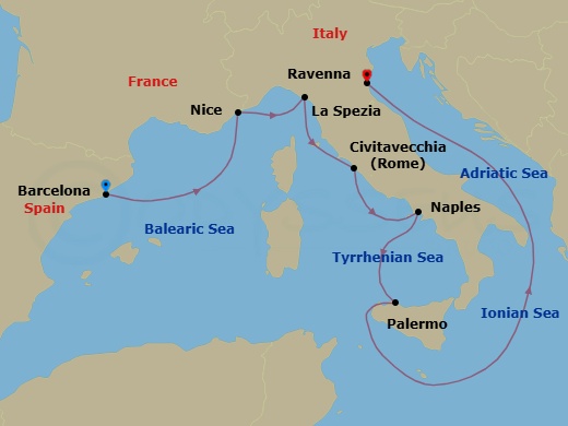 7 Night - Best of Italy & French Riviera - Mariner of the Seas - Starting in Barcelona, Spain, Nice (Villefranche), France, Florence / Pisa (La Spezia), Italy, Rome (Civitavecchia), Italy, Naples, Italy, Sicily (Palermo), Italy, Ravenna, Italy itinerary map