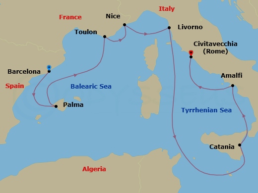 8 Night - Italy, Spain & French Riviera - Mariner of the Seas - Starting in Barcelona, Spain, Palma De Mallorca, Spain, Provence (Toulon), France, Nice (Villefranche), France, Florence / Pisa (Livorno), Italy, Catania, Sicily, Italy, Amalfi Coast (Salerno), Italy, Rome (Civitavecchia), Italy itinerary map