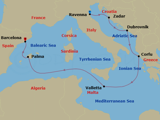7 Night - Greece, Spain, Croatia & Malta - Mariner of the Seas - Starting in Ravenna, Italy, Zadar, Croatia, Dubrovnik, Croatia, Corfu, Greece, Valletta, Malta, Palma De Mallorca, Spain, Barcelona, Spain itinerary map