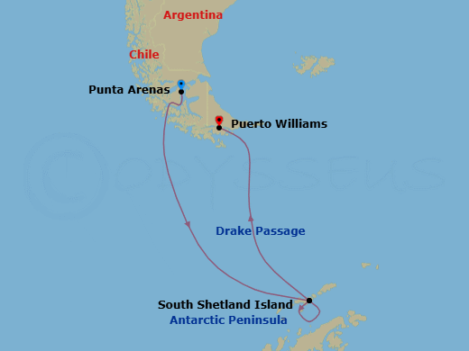 10 Night - Punta Arenas to Puerto Williams - Silver Cloud - Starting in Punta Arenas, Drake Passage, South Shetland Islands, Antarctic Peninsula, South Shetland Islands, Drake Passage, Puerto Williams itinerary map