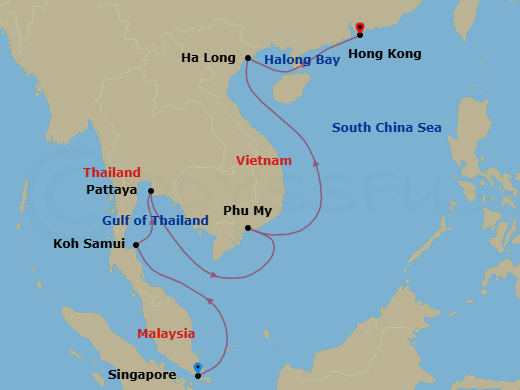 12 Night - Far East Discovery - Noordam - Starting in Singapore, Nathon (Koh Samui), Thailand, Pattaya (Bangkok), Thailand, Phu My, Vietnam, Halong Bay, Vietnam, Hong Kong, China itinerary map