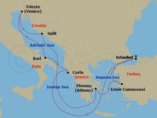 9 Night - Mediterranean - MSC Splendida - Starting in Istanbul, Turkey, Corfu, Greece, Bari, Italy, Trieste (Venice), Italy, Split, Croatia, Piraeus (Athens), Greece, Izmir (Ephesus), Turkey, Istanbul, Turkey itinerary map