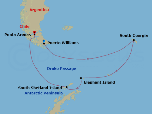 15 Night - Puerto Williams to Punta Arenas - Silver Cloud - Starting in Puerto Williams, South Georgia, Drake Passage, Elephant Island, Antarctic Peninsula, South Shetland Islands, Drake Passage, Punta Arenas itinerary map
