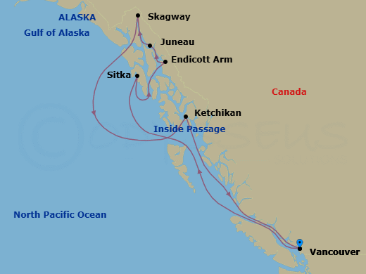 7 Night - Alaska Inside Passage Cruise - Serenade of the Seas - Starting in Vancouver, British Columbia, Inside Passage (Cruising), Sitka, Alaska, Endicott Arm and Dawes Glacier, Juneau, Alaska, Skagway, Alaska, Ketchikan, Alaska, Inside Passage (Cruising), Vancouver, British Columbia itinerary map