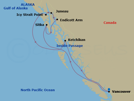 7 Night - Alaska Inside Passage Cruise - Serenade of the Seas - Starting in Vancouver, British Columbia, Inside Passage (Cruising), Sitka, Alaska, Endicott Arm and Dawes Glacier, Juneau, Alaska, Icy Strait Point, Alaska, Ketchikan, Alaska, Inside Passage (Cruising), Vancouver, British Columbia itinerary map