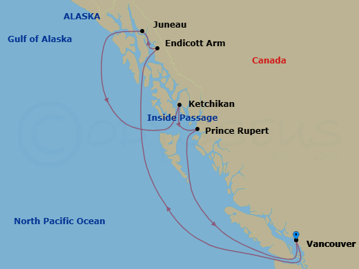 7 Night - Alaska Inside Passage Cruise - Serenade of the Seas - Starting in Vancouver, British Columbia, Inside Passage (Cruising), Endicott Arm and Dawes Glacier, Juneau, Alaska, Ketchikan, Alaska, Prince Rupert, BC, Vancouver, British Columbia itinerary map