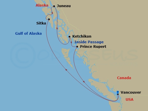 7 Night - Alaska Inside Passage Cruise - Serenade of the Seas - Starting in Vancouver, British Columbia, Inside Passage (Cruising), Sitka, Alaska, Juneau, Alaska, Ketchikan (Ward Cove), Alaska, Prince Rupert, BC, Vancouver, British Columbia itinerary map