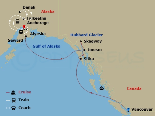 10 Night - Alaska Wildlife Express Ct 1A - Ovation Of The Seas Tours - Starting in Vancouver, British Columbia, Sitka, Alaska, Juneau, Alaska, Skagway, Alaska, Hubbard Glacier (Cruising), Seward, Alaska, Alyeska (Girdwood), Alaska, Anchorage, Alaska, Talkeetna, Alaska, Denali, Alaska, Talkeetna, Alaska, Anchorage, Alaska itinerary map