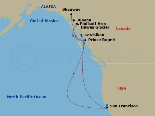 10 Night - Inside Passage (Roundtrip San Francisco) - Ruby Princess - Starting in San Francisco, California, Ketchikan, Alaska, Juneau, Alaska, Skagway, Alaska, Endicott Arm and Dawes Glacier (Scenic Cruising), Alaska, Prince Rupert, British Columbia, Canada, San Francisco, California itinerary map