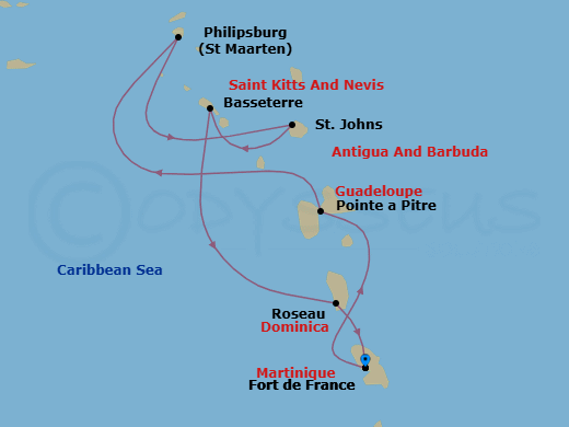 7 Night - South Caribbean - MSC World Europa - Starting in Fort-de-France, Martinique, Pointe-A-Pitre, Guadeloupe, Philipsburg, St Maarten, St Johns AG, Antigua, Basseterre, St Kitts and Nevis, Roseau, Dominica, Fort-de-France, Martinique itinerary map