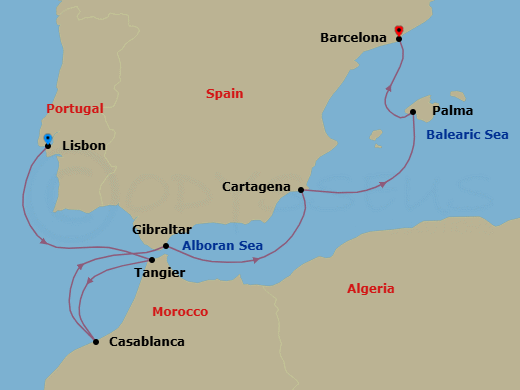 7 Night - Spain & Morocco - Solar Eclipse - Mariner of the Seas - Starting in Lisbon, Portugal, Tangier, Morocco, Casablanca, Morocco, Gibraltar, United Kingdom, Cartagena ES, Palma De Mallorca, Spain, Barcelona, Spain itinerary map