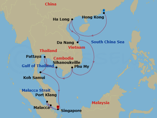 16 Night - Far East Discovery Holiday - Noordam - Starting in Hong Kong, China, Halong Bay, Vietnam, Da Nang (Hue), Vietnam, Phu My, Vietnam, Sihanoukville, Cambodia, Pattaya (Bangkok), Thailand, Nathon (Koh Samui), Thailand, Malacca, Malaysia, Port Kelang (Kuala Lumpur), Malaysia, Singapore itinerary map