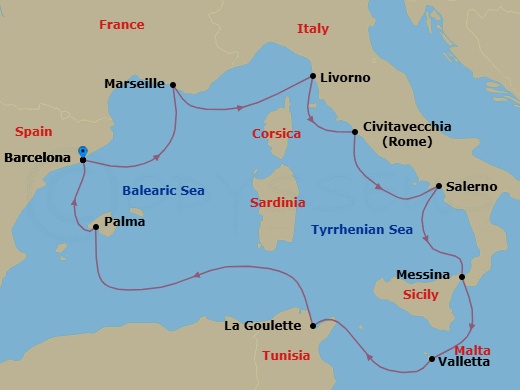 10 Night - Europe - Western Mediterranean - Barcelona - Norwegian Star - Starting in Barcelona, Spain, Provence, Marseille, France, Livorno / Florence / Pisa, Italy, Civitavecchia Rome, Italy, Amalfi Coast (Salerno), Italy, Messina, Italy, Valletta, Malta, La Goulette, Tunisia, Palma Majorca, Spain, Barcelona, Spain itinerary map