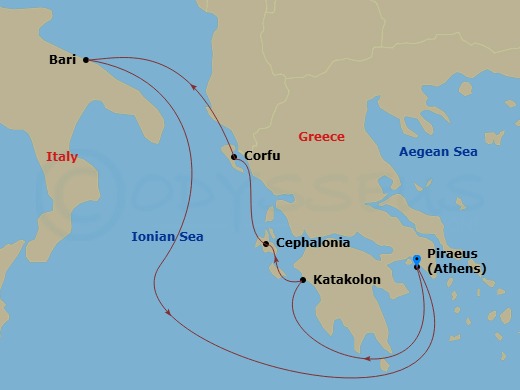 6 Night - Mediterranean - MSC Sinfonia - Starting in Piraeus (Athens), Greece, Katakolon (Olympia), Greece, Cephalonia / Argostoli, Greece, Corfu, Greece, Bari, Italy, Piraeus (Athens), Greece itinerary map