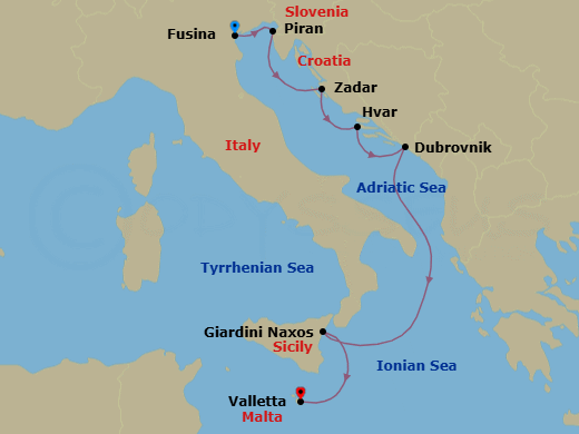 7 Night - Fusina to Valletta - Silver Muse - Starting in Fusina (Venice), Piran, Zadar, Hvar, Dubrovnik, Croatia, Giardini Naxos (Sicily), Valletta itinerary map