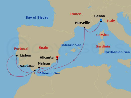 7 Night - Mediterranean - MSC Opera - Starting in Genoa (Portofino), Italy, Marseille (Provence), France, Malaga (Granada), Spain, Gibraltar, United Kingdom, Lisbon (Cascais), Portugal, Alicante, Spain itinerary map