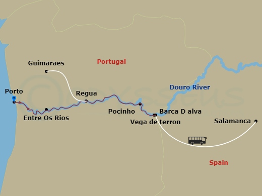 10 Night - Portugal, Spain & the Douro River Valley - S.S. Sao Rafael Tours - Starting in Porto, Porto, Entre-os-Rios, Entre-os-Rios, Regua, Pocinho, Vega de Terron, Vega de Terron (Salamanca), Barca dAlva, Barca dAlva, Pinhao, Regua, Regua, Porto (Guimaraes), Porto, Transfer to Lisbon, Lisbon, Lisbon (Depart) itinerary map