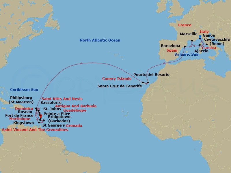 28 Night - Msc Grand Voyages - MSC Seaview - Starting in Genoa (Portofino), Italy, Civitavecchia (Rome), Italy, Ajaccio (Corsica), France, Marseille (Provence), France, Barcelona, Spain, Puerto Del Rosario / Fuerteventura, Spain, Santa Cruz de Tenerife, Philipsburg, St Maarten, Basseterre, St Kitts and Nevis, Kingstown, St Vincent and the Grenadines, Bridgetown, Barbados, Saint George, Grenada, Fort-de-France, Martinique, Pointe-A-Pitre, Guadeloupe, St Johns AG, Antigua, Philipsburg, St Maarten, Basseterre, St Kitts and Nevis, Roseau, Fort-de-France, Martinique itinerary map