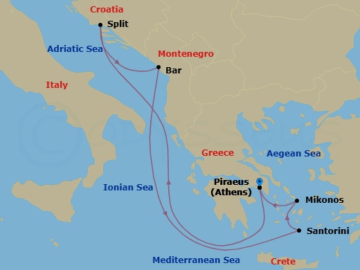 7 Night - Best of Greece & Croatia Cruise - Celebrity Infinity - Starting in Athens (Piraeus), Greece, Split, Croatia, Montenegro, Santorini, Greece, Mykonos, Greece, Athens (Piraeus), Greece itinerary map