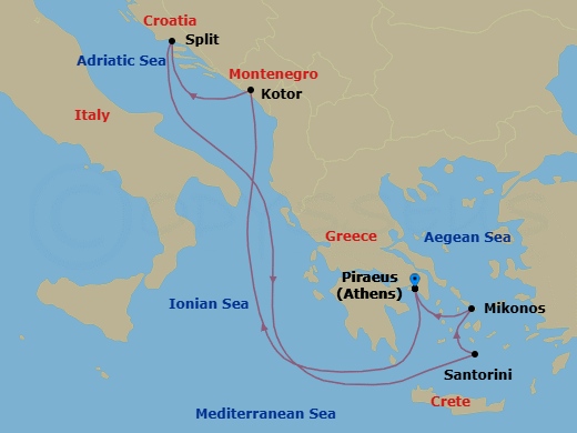 7 Night - Best of Greece & Croatia Cruise - Celebrity Infinity - Starting in Athens (Piraeus), Greece, Kotor, Montenegro, Split, Croatia, Santorini, Greece, Mykonos, Greece, Athens (Piraeus), Greece itinerary map