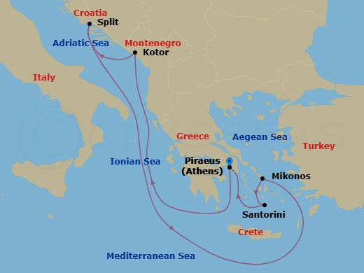 7 Night - Best of Greece & Croatia Cruise - Celebrity Infinity - Starting in Athens (Piraeus), Greece, Kotor, Montenegro, Split, Croatia, Mykonos, Greece, Santorini, Greece, Athens (Piraeus), Greece itinerary map