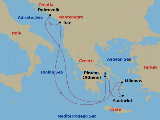 7 Night - Best of Greece & Croatia Cruise - Celebrity Infinity - Starting in Athens (Piraeus), Greece, Montenegro, Dubrovnik, Croatia, Mykonos, Greece, Santorini, Greece, Athens (Piraeus), Greece itinerary map