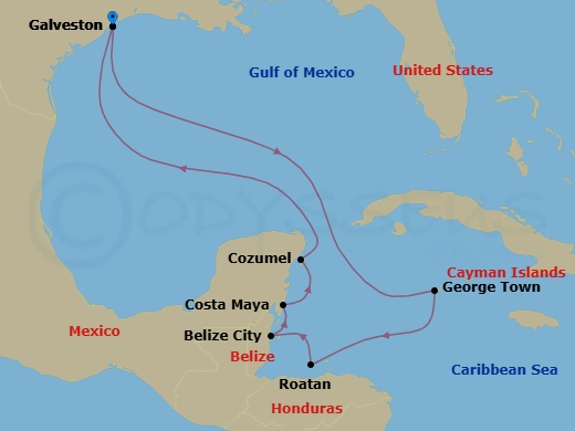 11 Night - Waterfalls & Divers - Seven Seas Splendor - Starting in Houston (Galveston), Cruising the Caribbean Sea, Cruising the Gulf, George Town, Cruising the Caribbean Sea, Roatan, Belize City, Costa Maya, Mexico, Cozumel, Mexico, Cruising the Gulf, Houston (Galveston) itinerary map